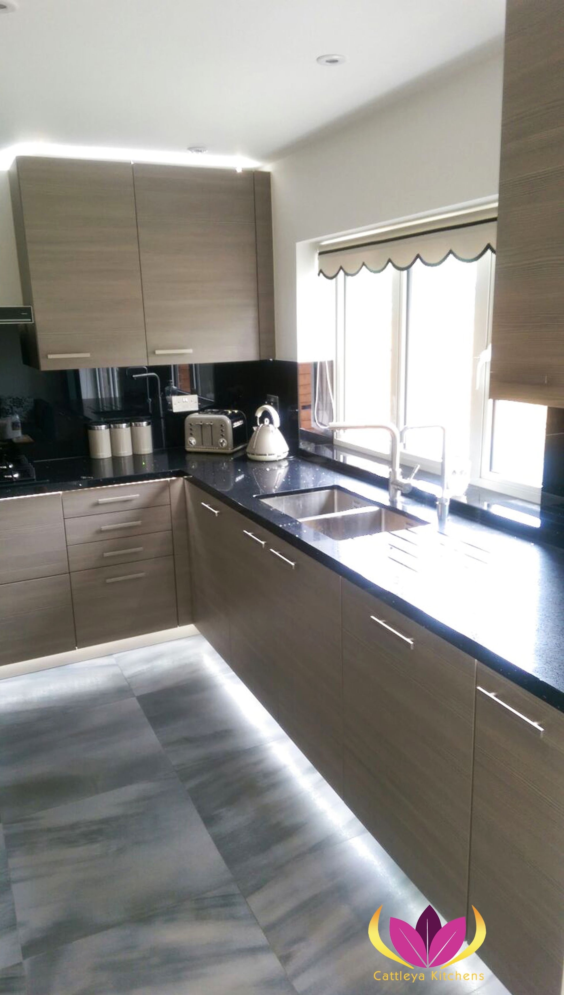 Brown & Black worktop Ealing Finished Kitchen Project