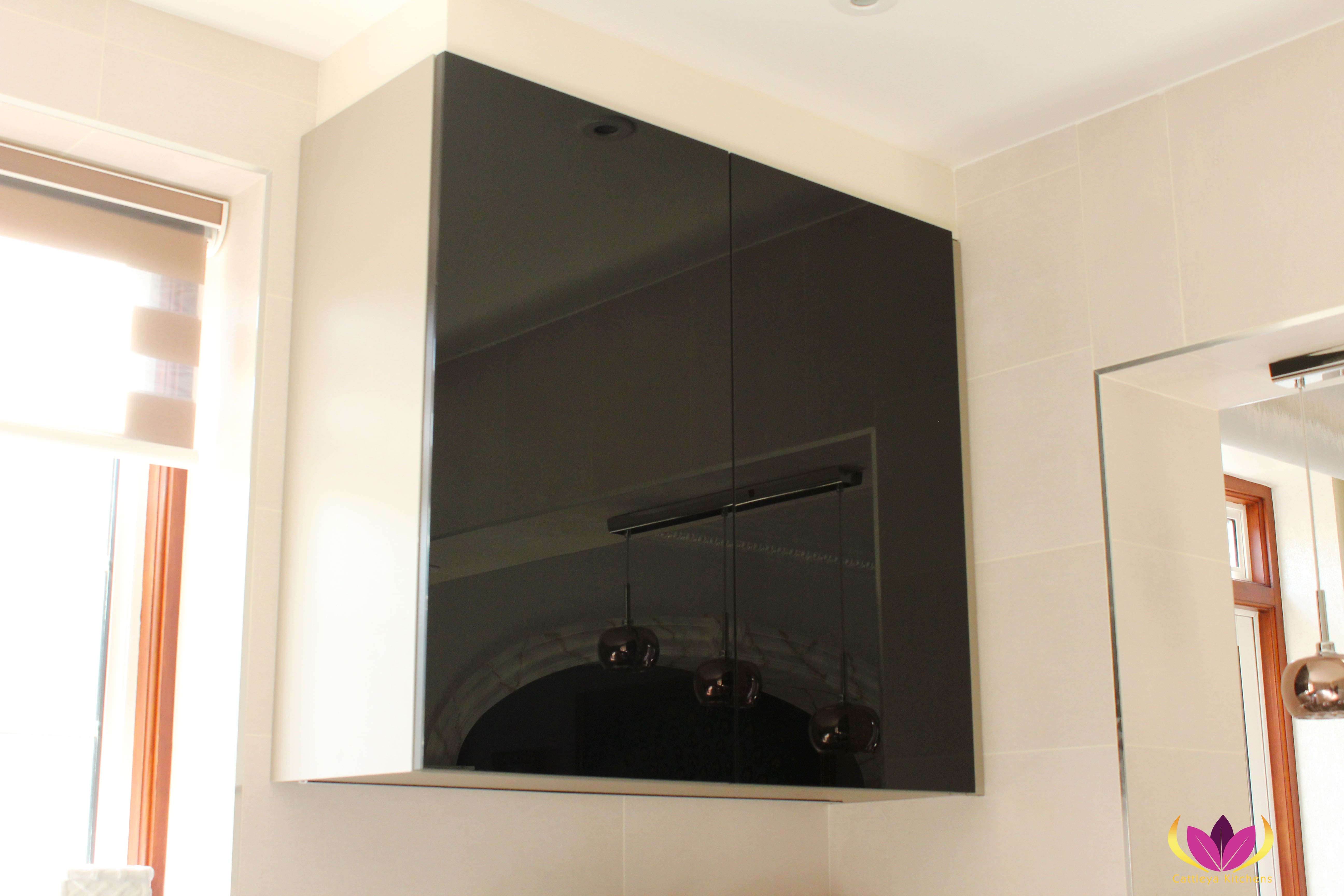 Illuminated Wall Hung Glass Cabinet Black & White Ealing Finished Kitchen Project