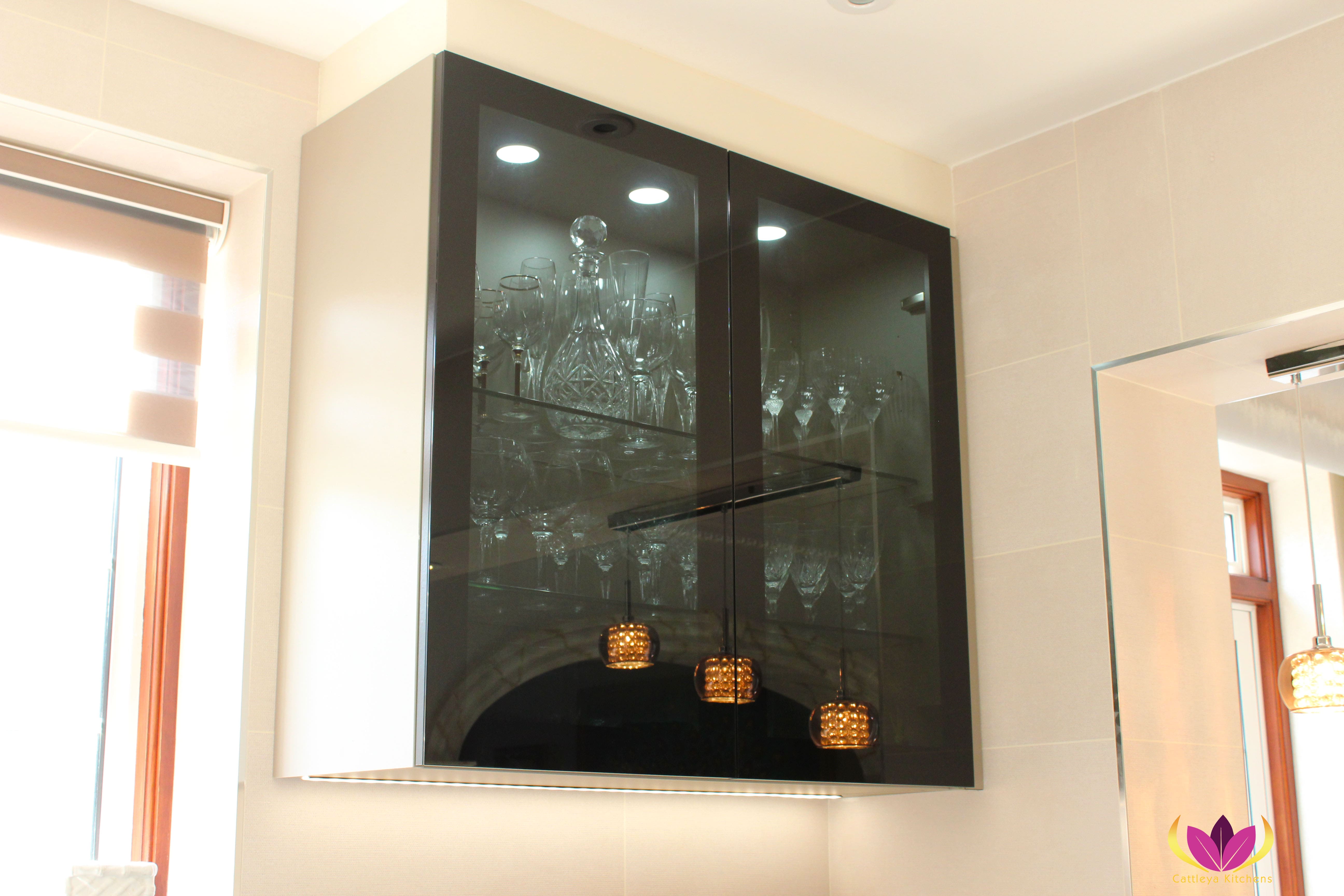 Illuminated Wall Hung Glass Cabinet Black & White Ealing Finished Kitchen Project