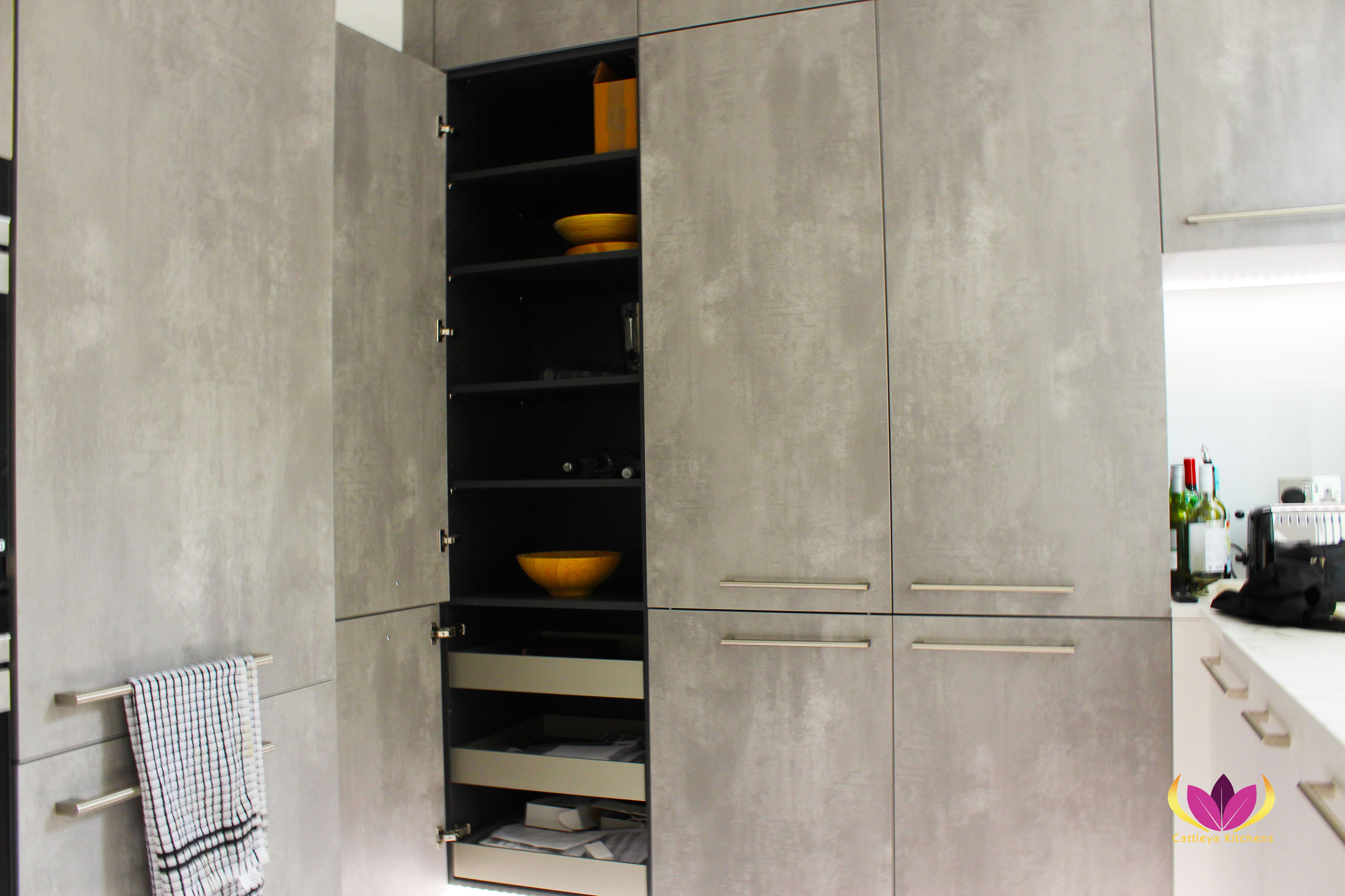 Layered shelves tall cabinet units - Belsize Park Finished Kitchen Project