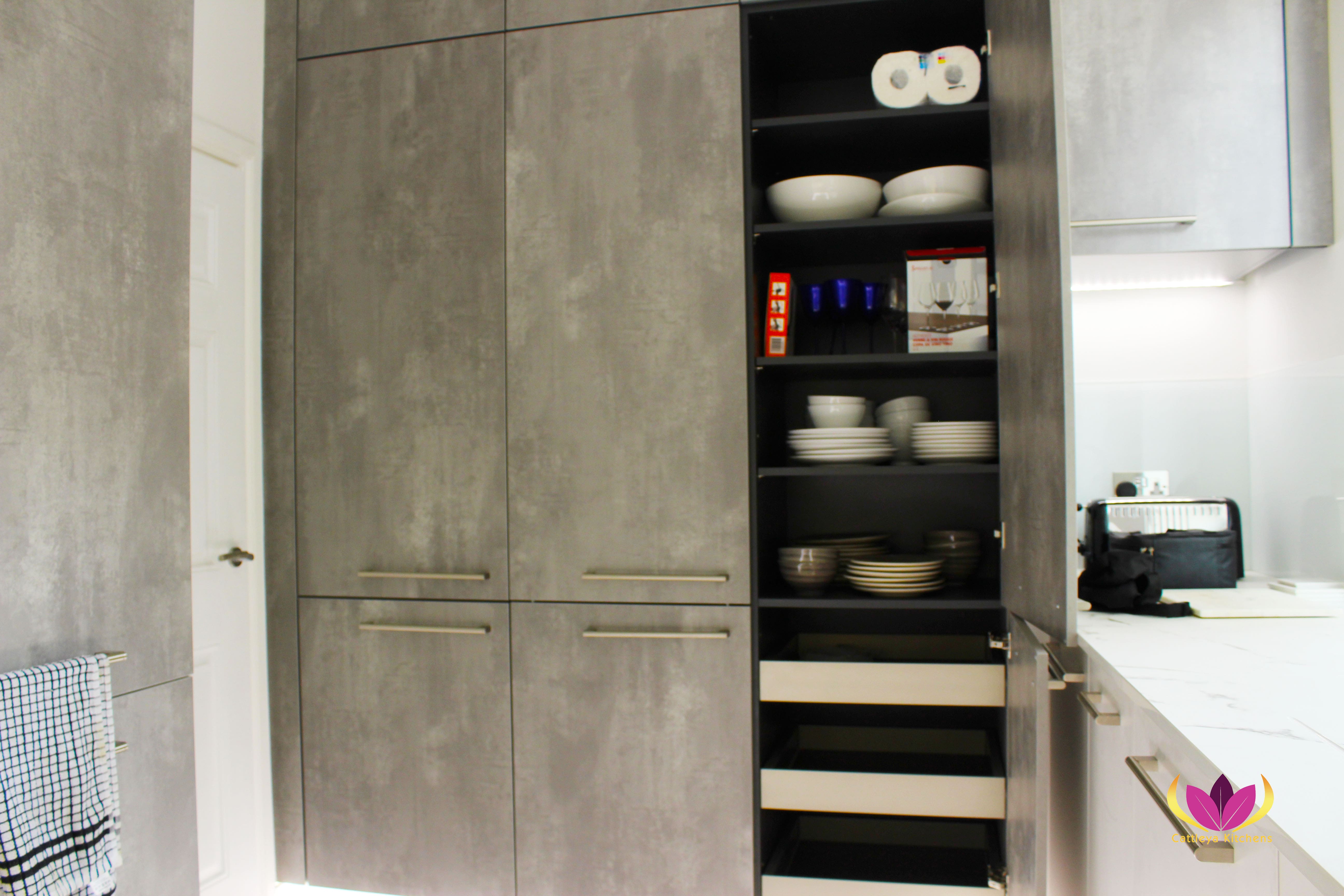 Inside layered shelves in cabinet - Belsize Park Finished Kitchen Project